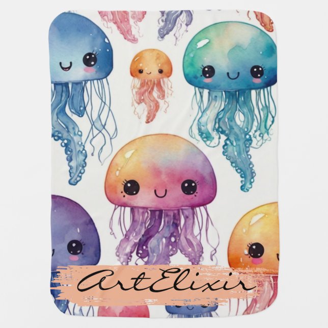 Watercolor Jellyfish Print Baby Blanket (Front)