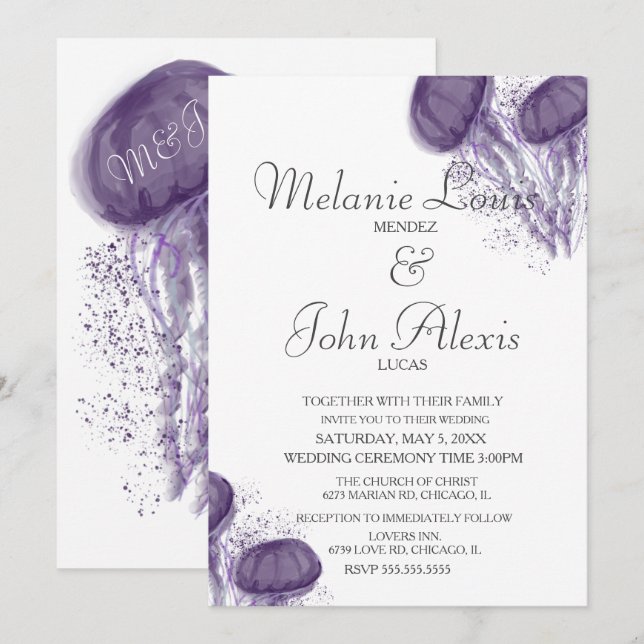 Watercolor Jellyfish Splash Art Aquatic Wedding Invitation (Front/Back)