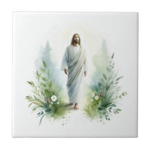 Watercolor Jesus Christ with Botanical Elements –  Ceramic Tile