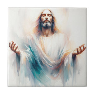 Watercolor Jesus with Open Arms – Inspiring Christ Ceramic Tile