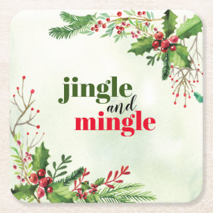 Watercolor Jingle and Mingle Christmas Holiday Square Paper Coaster