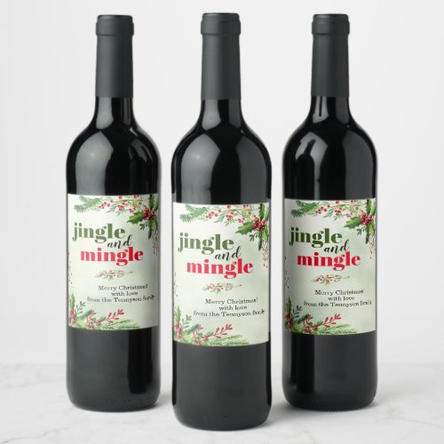 Watercolor Jingle and Mingle Christmas Holiday Wine Label