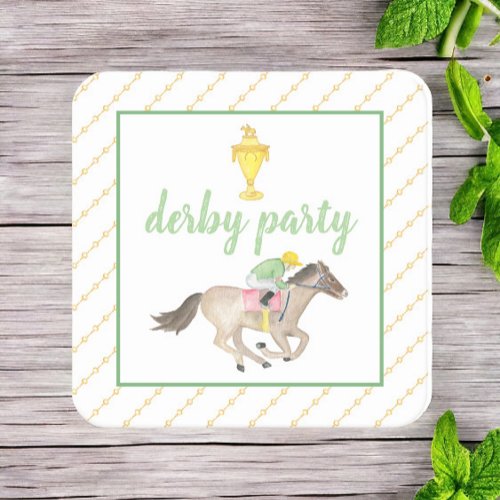 Watercolor Jockey Derby Party Horse Race Gold  Square Paper Coaster