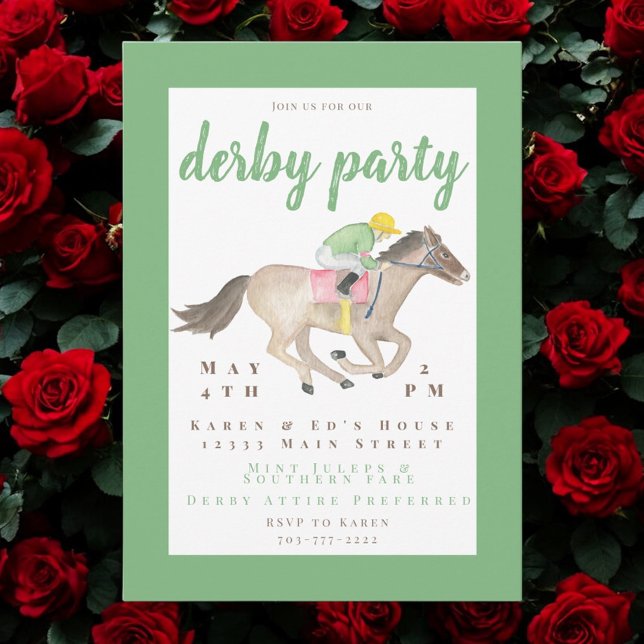 Watercolor Jockey Derby Party Horse Race Green  Invitation (Creator Uploaded)