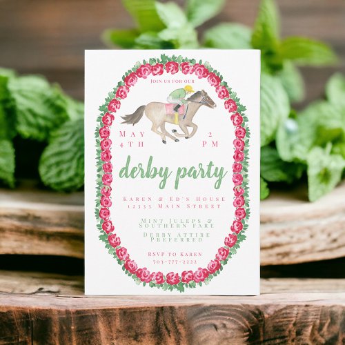 Watercolor Jockey Horse Derby Party Roses Invitation