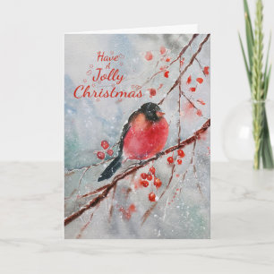 Watercolor Jolly Christmas Winter Snow Bird Red Holiday Card
