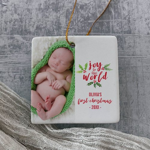 Watercolor Joy to the World Babys First Christmas Ceramic Ornament