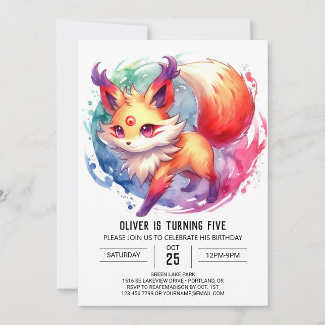 Watercolor Joyful Fox Birthday Invitation (Front)