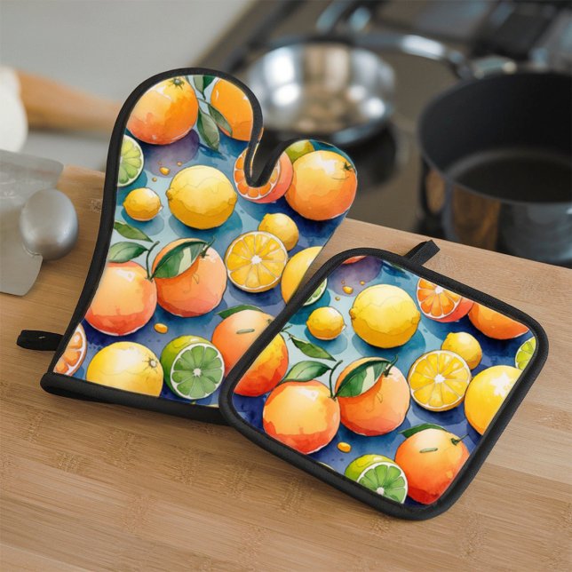 Watercolor Juicy Citrus Oven Mitt & Pot Holder Set (Creator Uploaded)