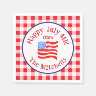 Watercolor July 4th Flag Red Check NAME Napkins