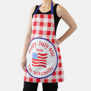 Watercolor July 4th Flag Red Check NAME Unisex Apron