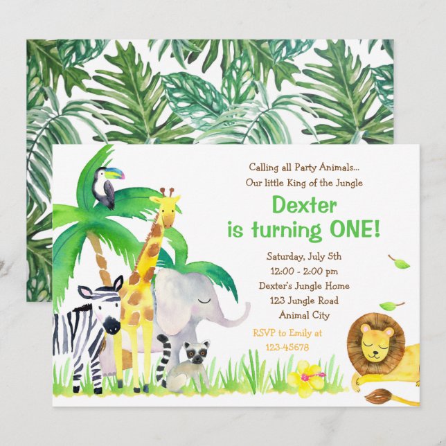 Watercolor Jungle Animals Invitation (Lion) (Front/Back)
