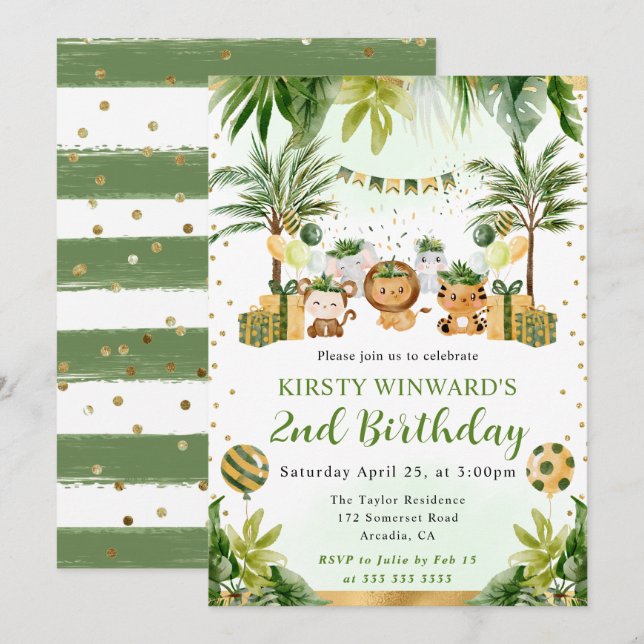 Watercolor Jungle Animals Kids Birthday Invitation (Front/Back)