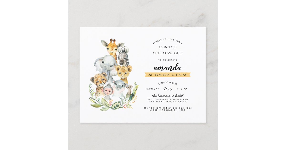 Watercolor Jungle Animals Orange Baby Shower Invitation Postcard Zazzle Com