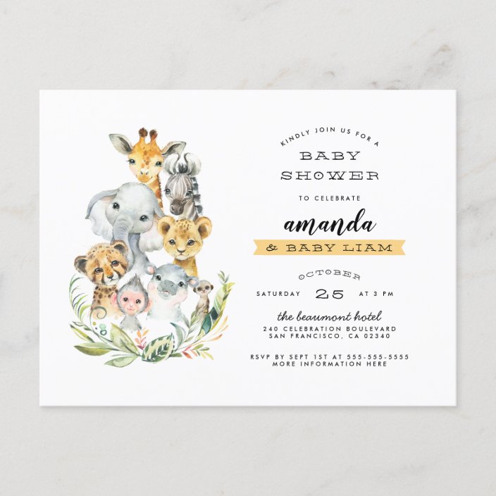 Watercolor Jungle Animals Orange Baby Shower Invitation Postcard Zazzle Com