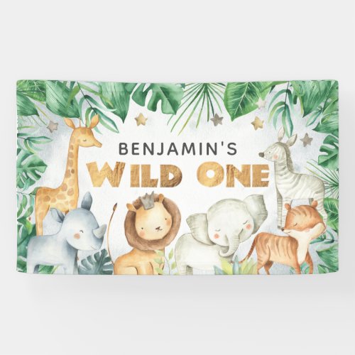 Watercolor Jungle Animals Wild One Birthday Banner