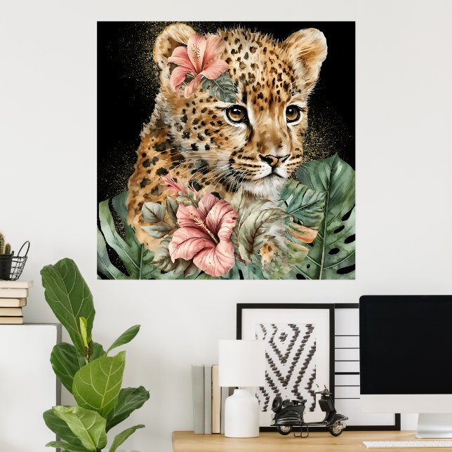 Watercolor Jungle Baby Animals Floral Art Poster (Home Office)