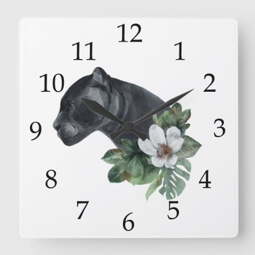 Watercolor Jungle Black Panther Tropical Flowers Square Wall Clock