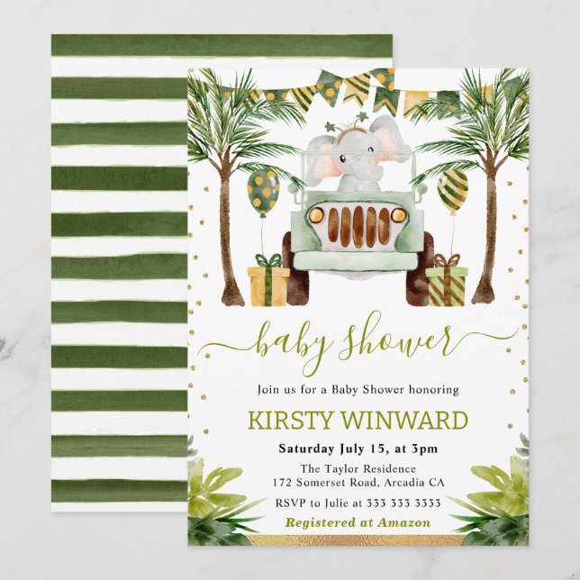 Watercolor Jungle Elephant Baby Shower Invitation (Front/Back)
