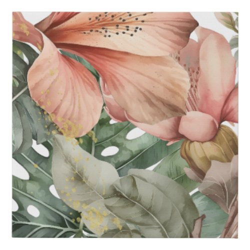 Watercolor Jungle Floral Peach Green Gold Splash Faux Canvas Print