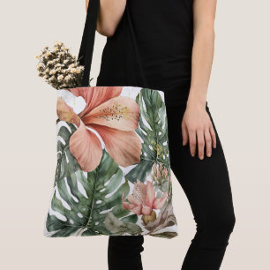 Watercolor Jungle Floral Peach Green Gold Splash Tote Bag