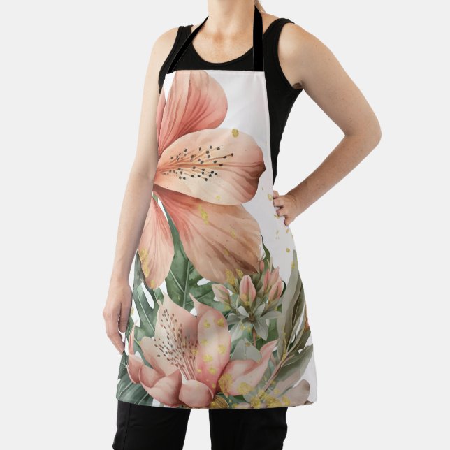Watercolor Jungle Florals Peach Gold Splash Apron (Insitu)
