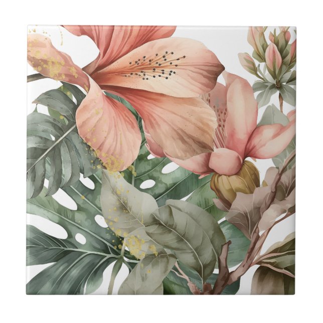 Watercolor Jungle Florals Peach Gold Splash Ceramic Tile (Front)