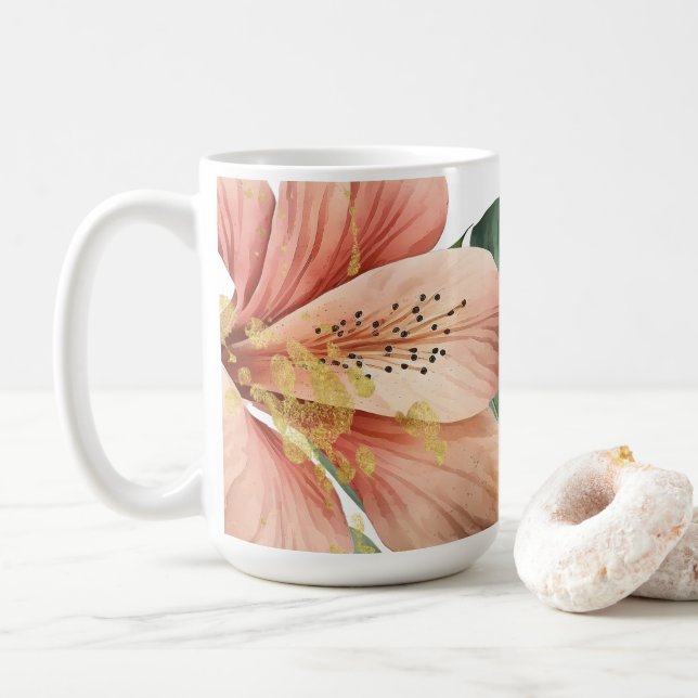 Watercolor Jungle Florals Peach Gold Splash Coffee Mug (With Donut)