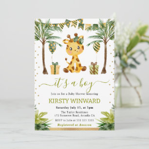 Watercolor Jungle Giraffe Baby Boy Shower Invitation