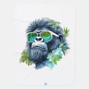 Watercolor Jungle Gorilla with Sunglasses & Leafs Baby Blanket
