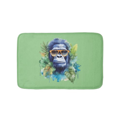 Watercolor Jungle Gorilla with Sunglasses  Leafs Bath Mat
