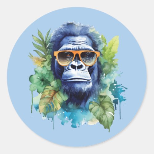 Watercolor Jungle Gorilla with Sunglasses  Leafs Classic Round Sticker