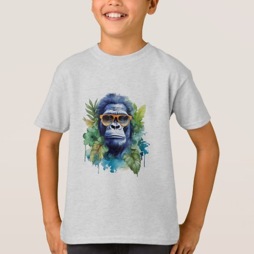 Watercolor Jungle Gorilla with Sunglasses  Leafs T_Shirt