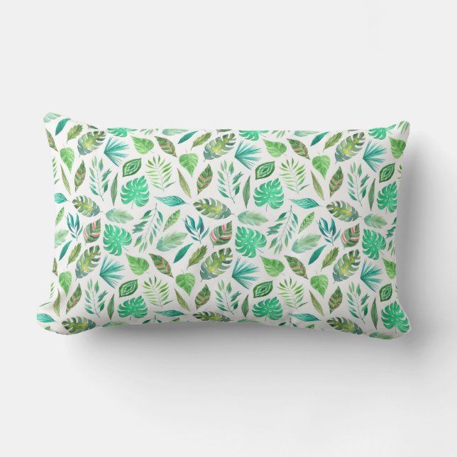 Watercolor Jungle Greenery Pattern Lumbar Pillow (Front)