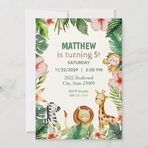 Watercolor Jungle Kids Birthday Invitation