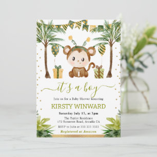 Watercolor Jungle Monkey Baby Boy Shower Invitation