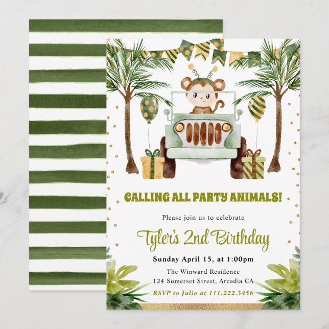 Watercolor Jungle Monkey Kids Birthday Invitation (Front/Back)