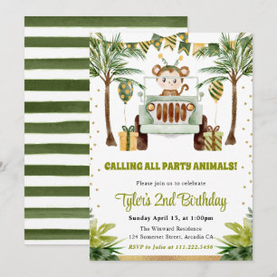 Watercolor Jungle Monkey Kids Birthday Invitation