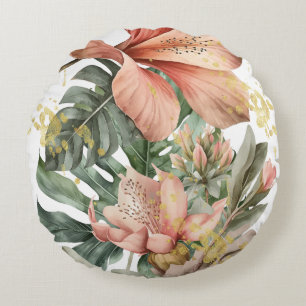 Watercolor Jungle Orchid Flowers Round Pillow
