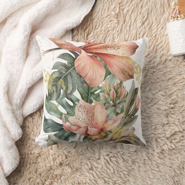 Watercolor Jungle Orchid Flowers Throw Pillow (Blanket)
