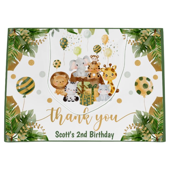 Watercolor Jungle Safari Animals Birthday Large Gift Bag (Front)