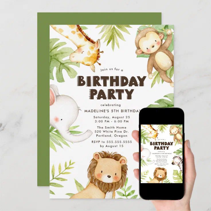 Watercolor Jungle Safari Animals Birthday Party Invitation | Zazzle