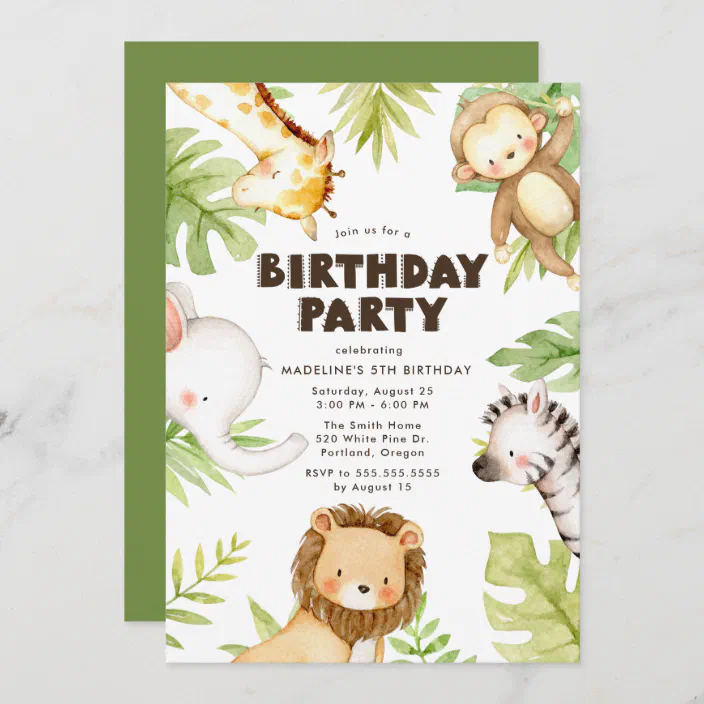 Jungle Birthday Invite Watercolor Jungle Animal First Birthday Invitation