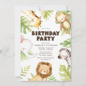 Watercolor Jungle Safari Animals Birthday Party Invitation (Front)
