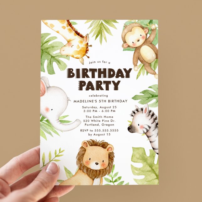 Watercolor Jungle Safari Animals Birthday Party Invitation