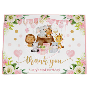 Watercolor Jungle Safari Animals Floral Birthday Large Gift Bag