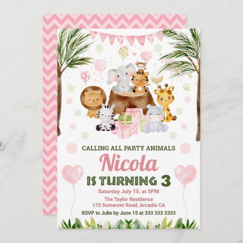 Watercolor Jungle Safari Animals Girls Birthday Invitation