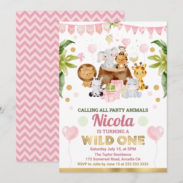 Watercolor Jungle Safari Animals Girls Birthday Invitation (Front/Back)