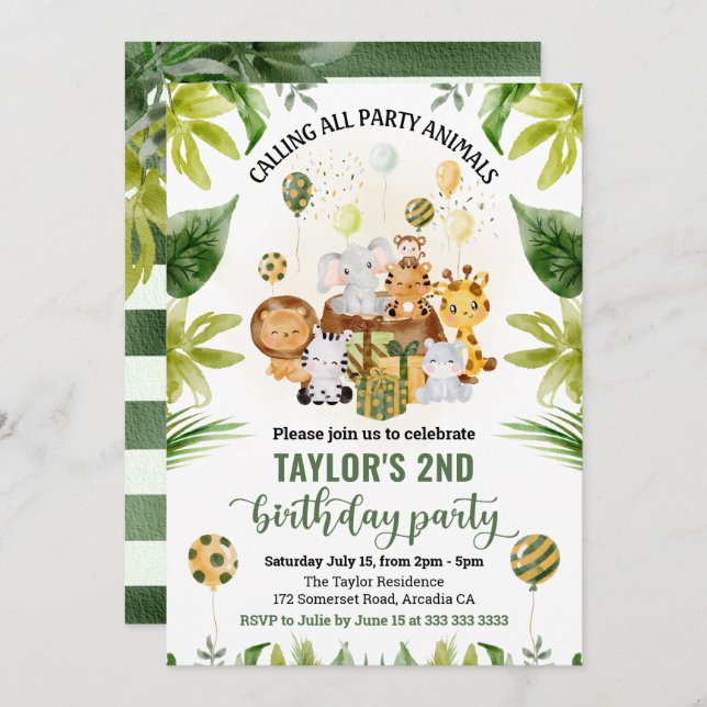 Watercolor Jungle Safari Animals Kids Birthday Invitation (Front/Back)