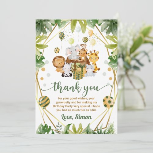 Watercolor Jungle Safari Animals Kids Birthday Thank You Card